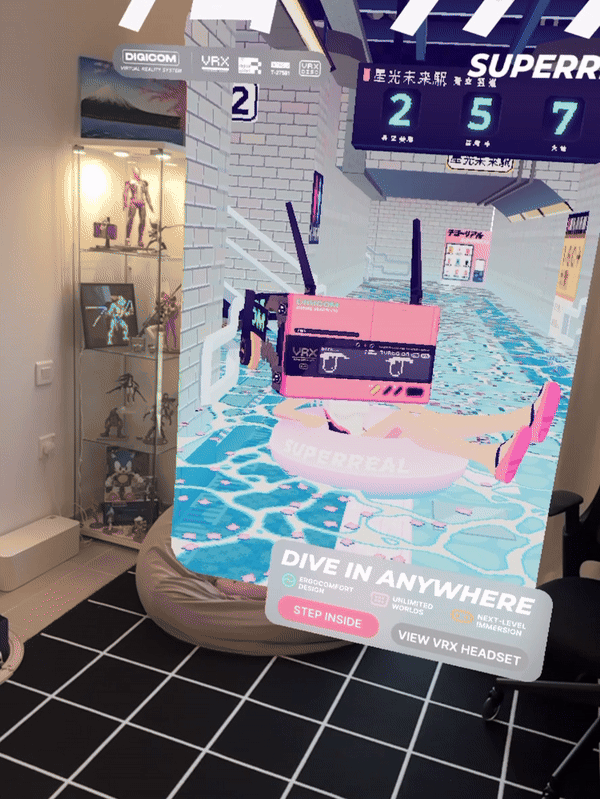 A winning submission from Bezi's AR Portals Design Contest: an art style mix of cyberpunk and vaporwave Anime, framed in Apple Vision UI design aesthetic.