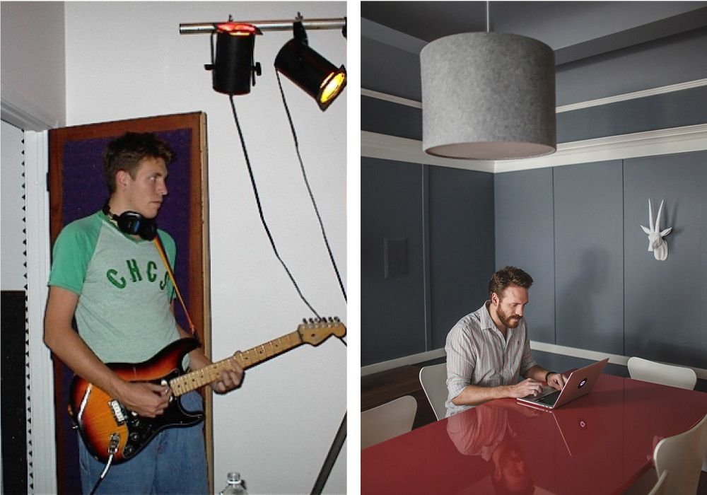 Ryan’s love of music dates back to his high school days. Left: Ryan played the guitar in his high school band, Fall’s End Performance. Right: Ryan in his home, working on helping people discover music through Rdio.