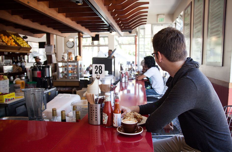 Andrew often gets coffee across the street from his apartment at Dolores Park Cafe or goes to the office for breakfast served by Asana’s chefs.