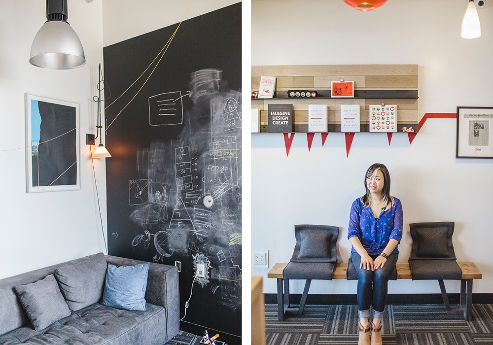 Interior design company Germia helped create Path’s office space.&nbsp;The chalkboard room, pictured above, is Jenny’s favorite office spot. “It’s tucked away in the corner and I’ll go in there to work if I really need to focus or if it’s late and I just want to kick back and slouch like I would at home.”
