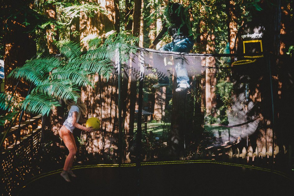 Jason bought the trampoline earlier in the year and most recently, used it for a Pinterest design team off-site party. He usually does a quick jump with his daughters before he takes them to school.