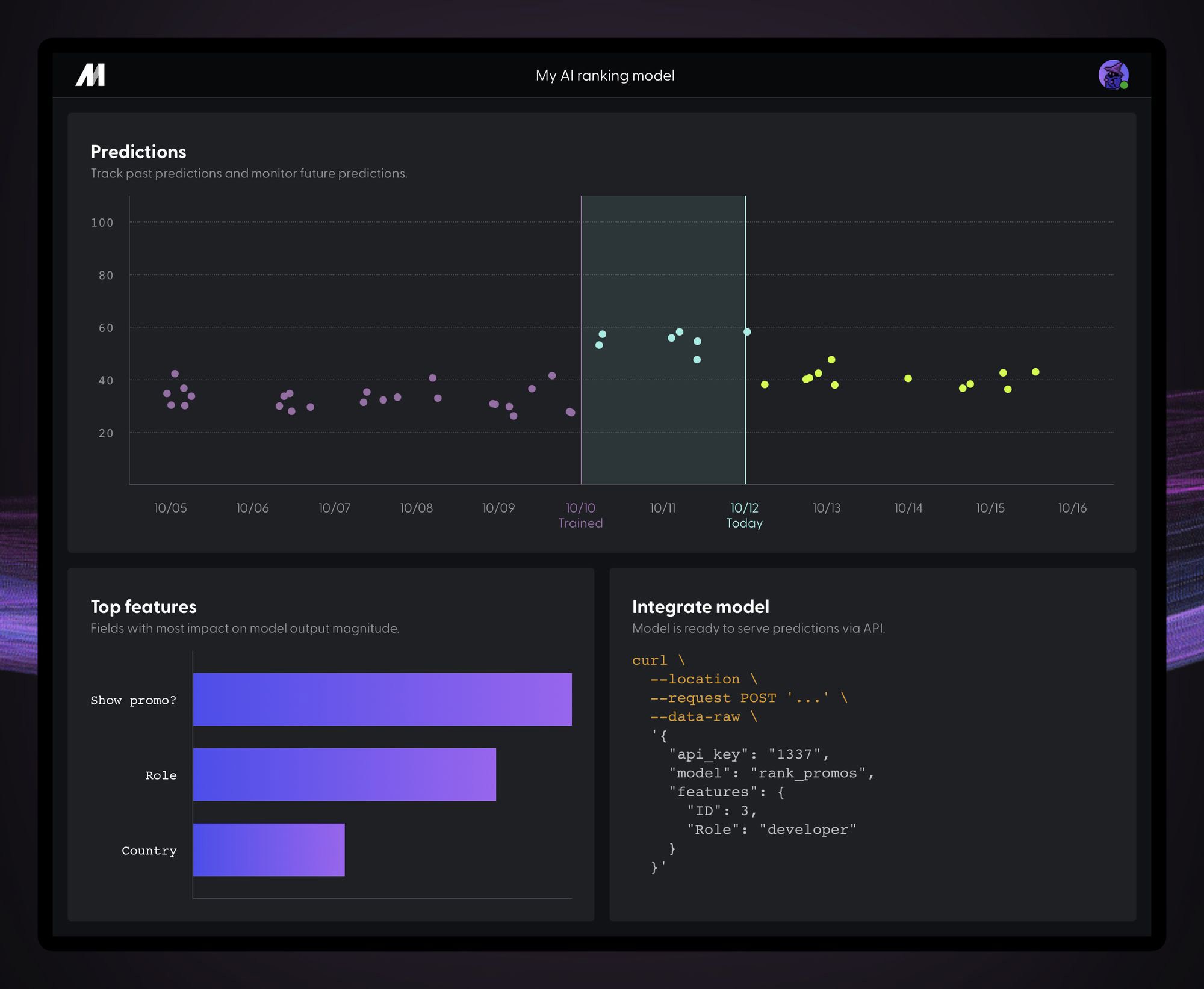 Mage Product: Using design and data viz to help people understand past and future predictions of their model. 