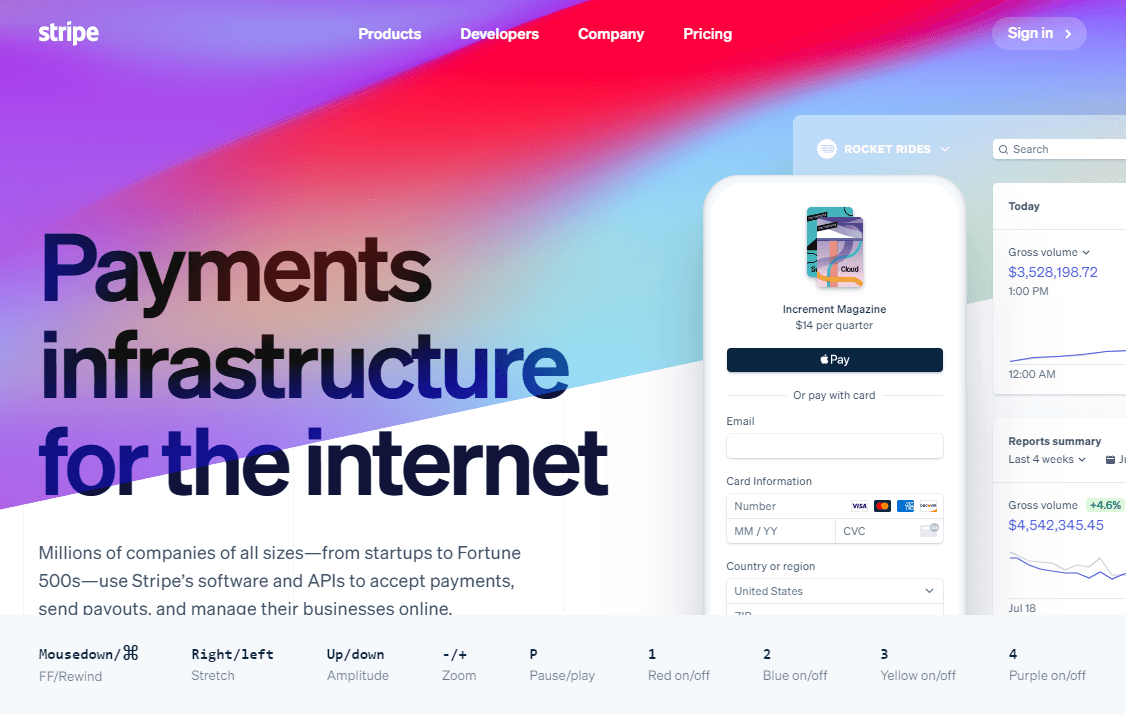 WIDE Users on reddit shared this Stripe easter egg: Konami code controls the background gradient of the Stripe home page. 