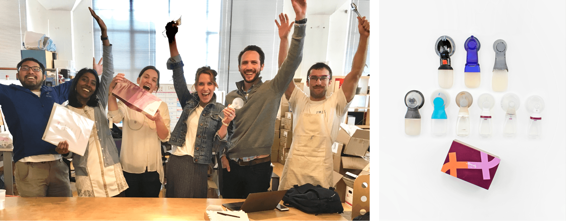 Left: The Moxxly team at their office celebrating the day they first submitted their 510(k) application to the FDA. Right: A few prototypes showing the evolution of the design of the Moxxly Flow. Photo by Gabrielle Guthrie