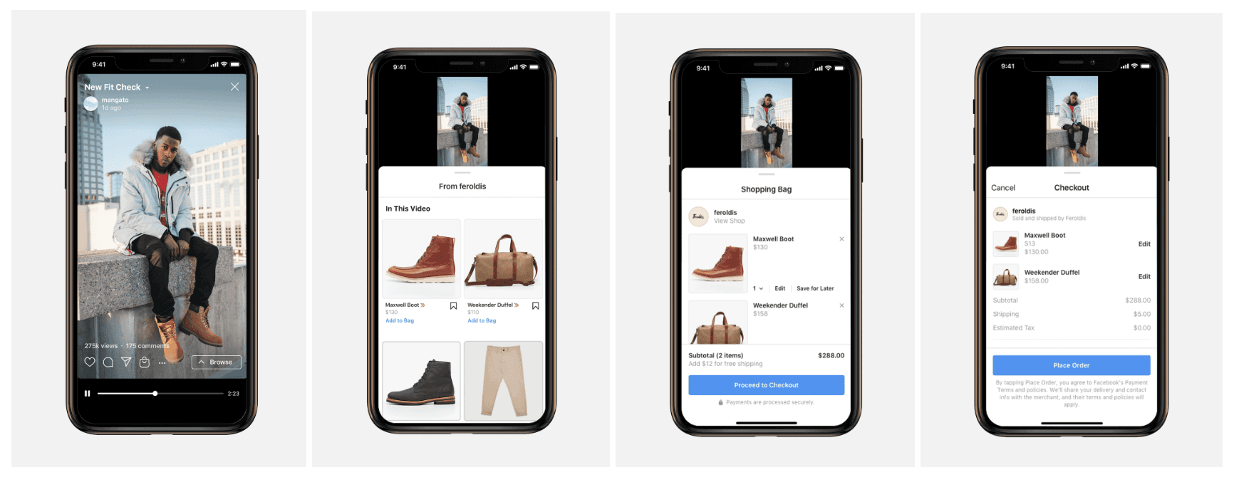 Instagram Checkout interfaces related to Jackie's research in 2021 that helped steward Instagram's shift from 'photo diary' to 'next gen shopping mall' (as described in Vogue).