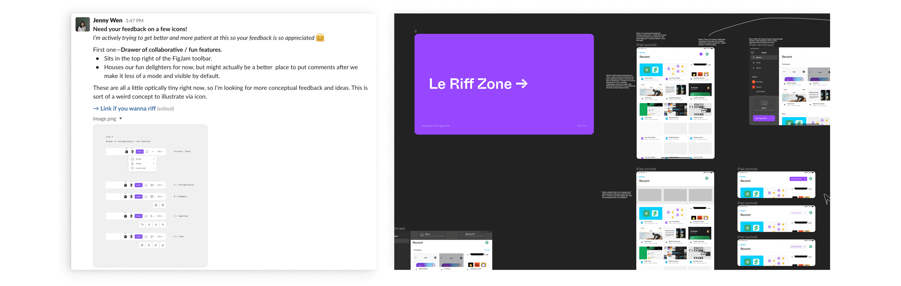 Left: Example of Slack post with a link to the Figma file, inviting designers to riff; Right: Design crit file in a Riff Zone™ where designers can try their hand at different ideas during the crit