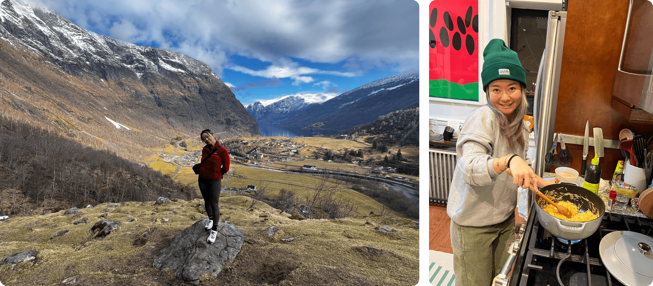 Left: Hiking the mountains in Flåm, where Marissa visited with her MBA class as part of a sustainability-focused study tour. Right: Marissa and a group of friends get together to make a different soup each month.