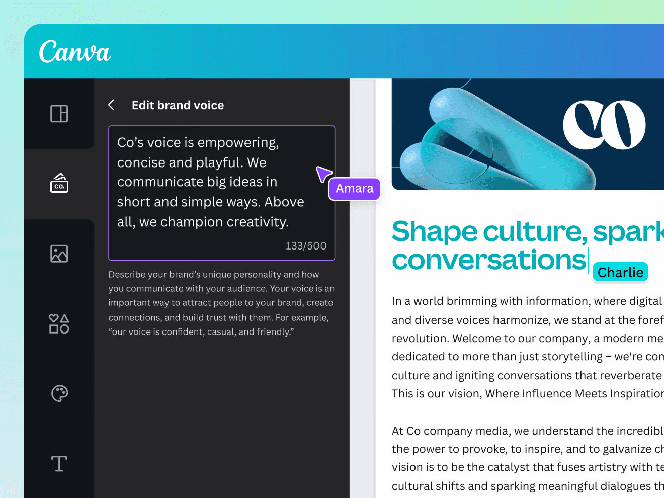 Powered by OpenAI, Canva's Magic Write helps teams generate content that reflects their brand voice.